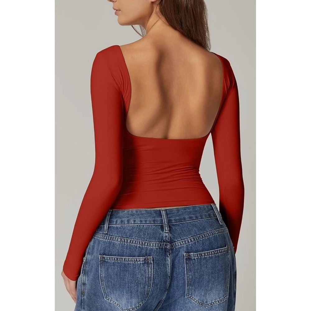 QINSEN Open Back Long Sleeve Shirt Cherry Tomato‎ Red Sculpting Slim Top Medium